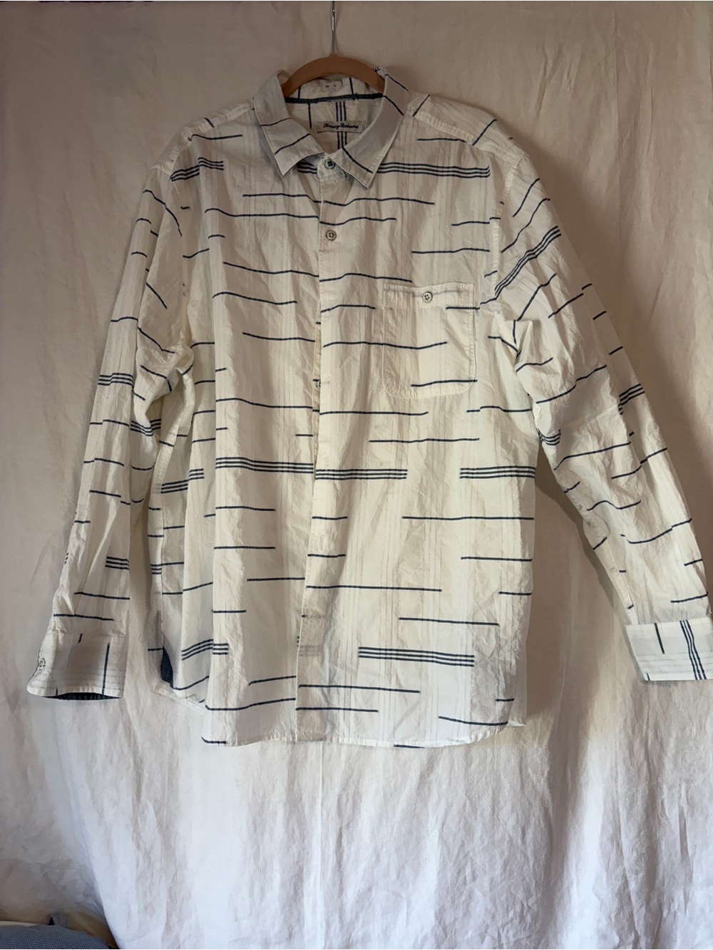 Tommy Bahama White Shirt with Navy Stripes